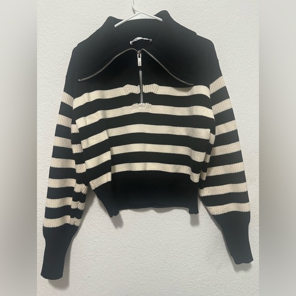 Zara Black and Beige Striped High Neck Quarter Zip Chunky Rib Knit Sweater XL - Picture 4 of 10